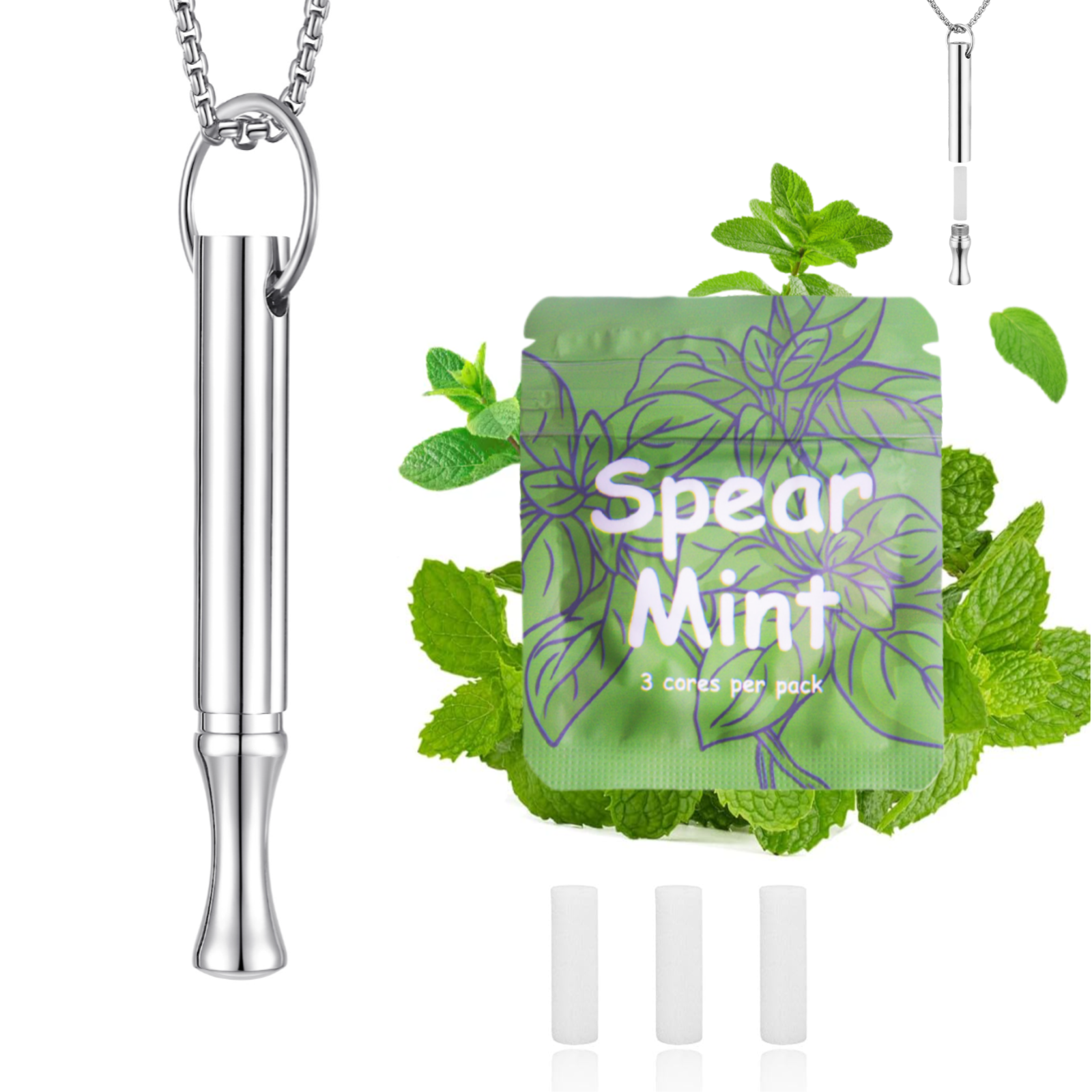 Puffow™ Glossy Silver Necklace with 3 Spearmint Refill Cores