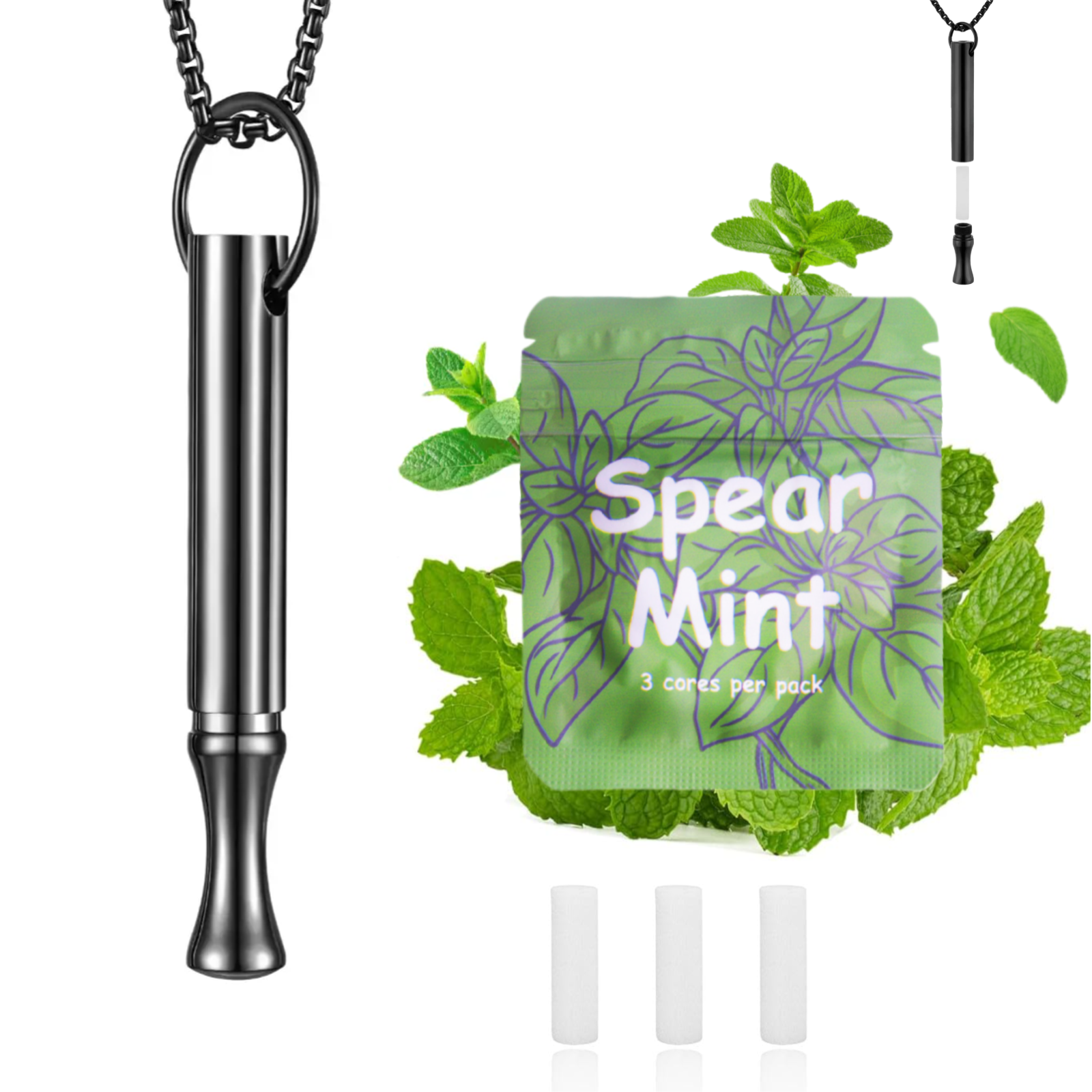 Puffow™ Glossy Black Necklace with 3 Spearmint Refill Cores