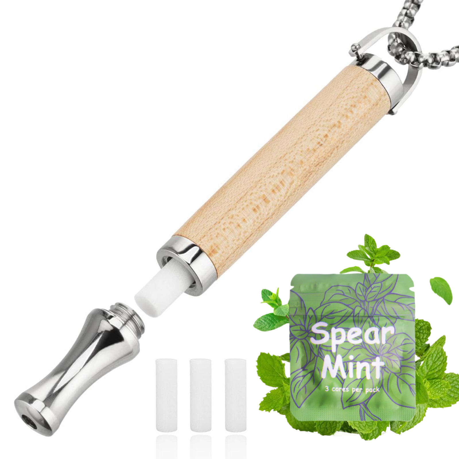 Puffow™ Maple Wood & Glossy Silver Necklace with 3 Spearmint Refill Cores