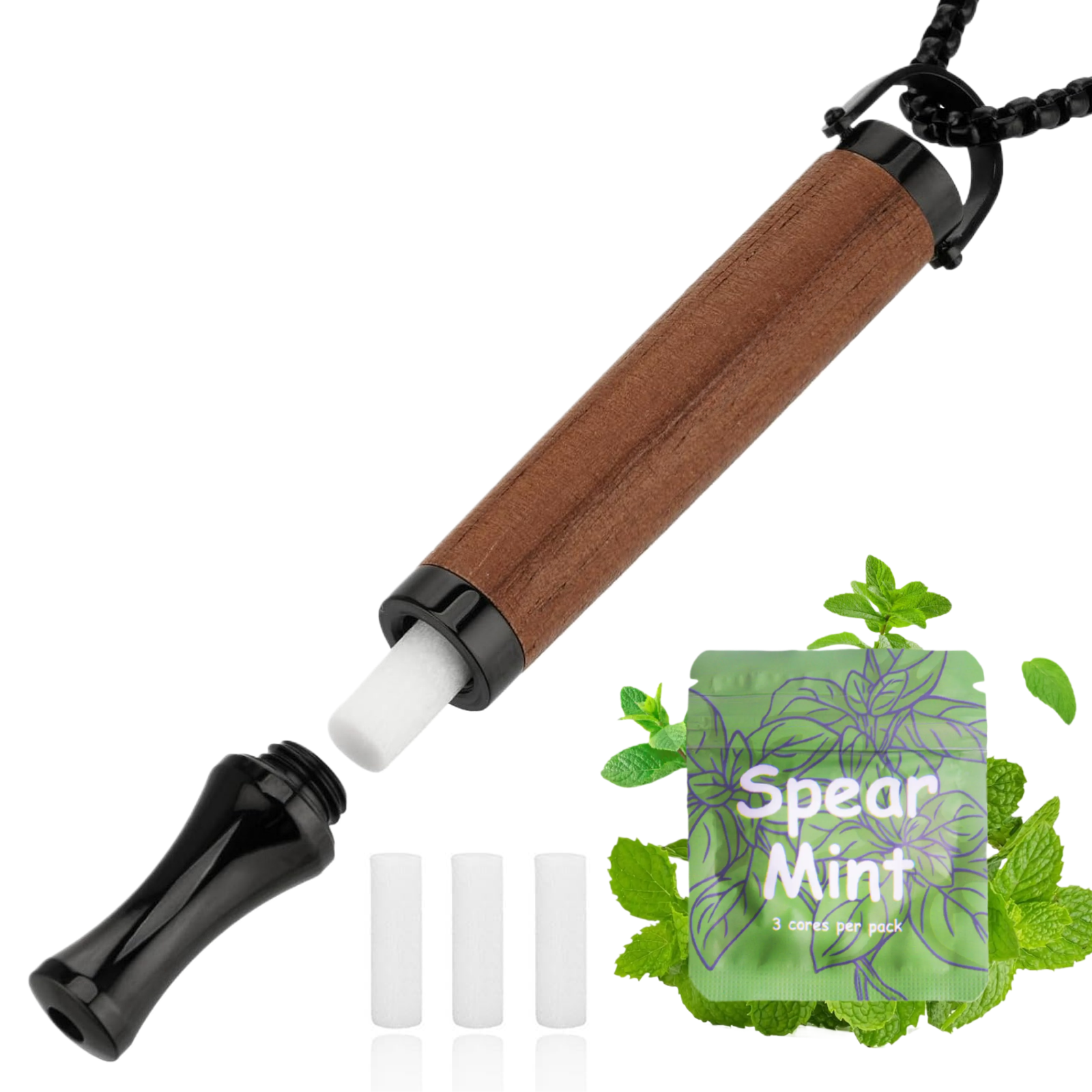 Puffow™ Rosewood & Glossy Black Necklace with 3 Spearmint Refill Cores