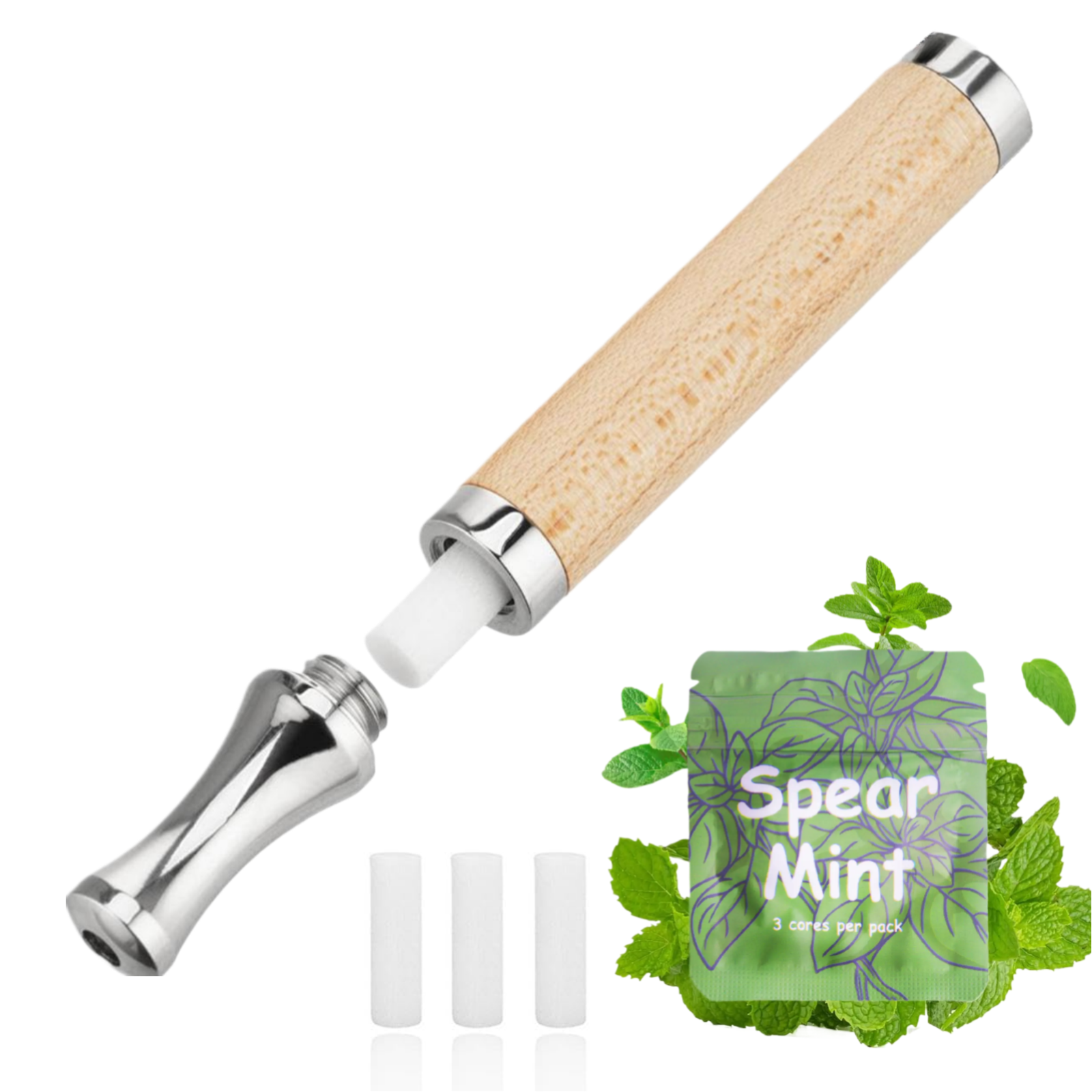Puffow™ Maple Wood & Glossy Silver Inhaler with Refill Cores