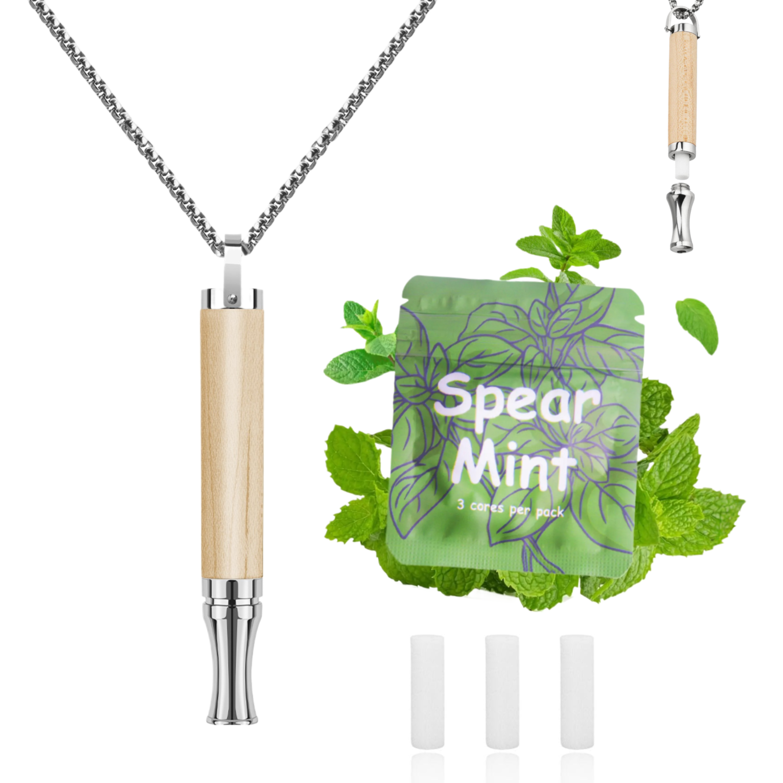Puffow™ Maple Wood & Glossy Silver Necklace with Refill Cores