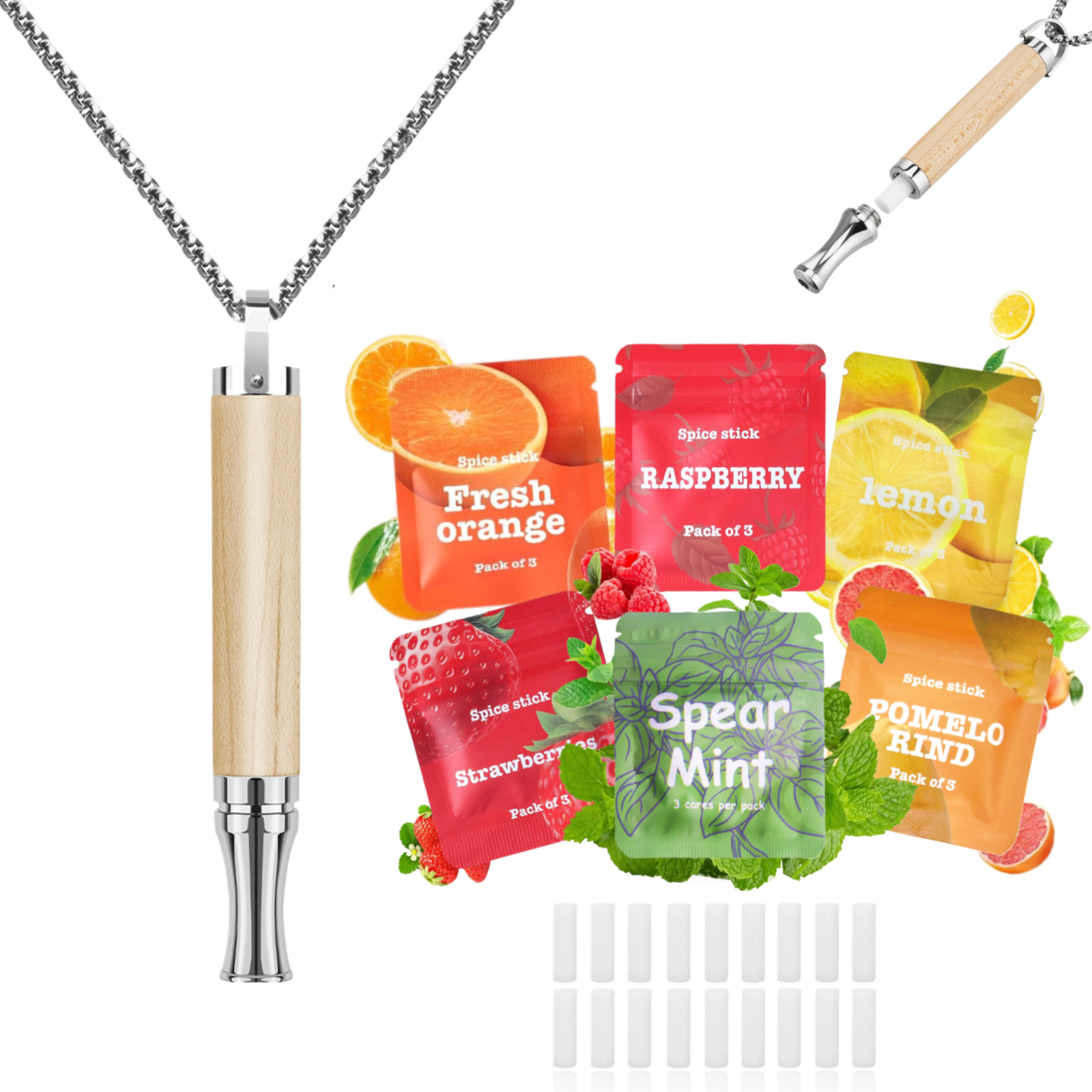 Puffow™ Maple Wood & Glossy Silver Necklace with Refill Cores