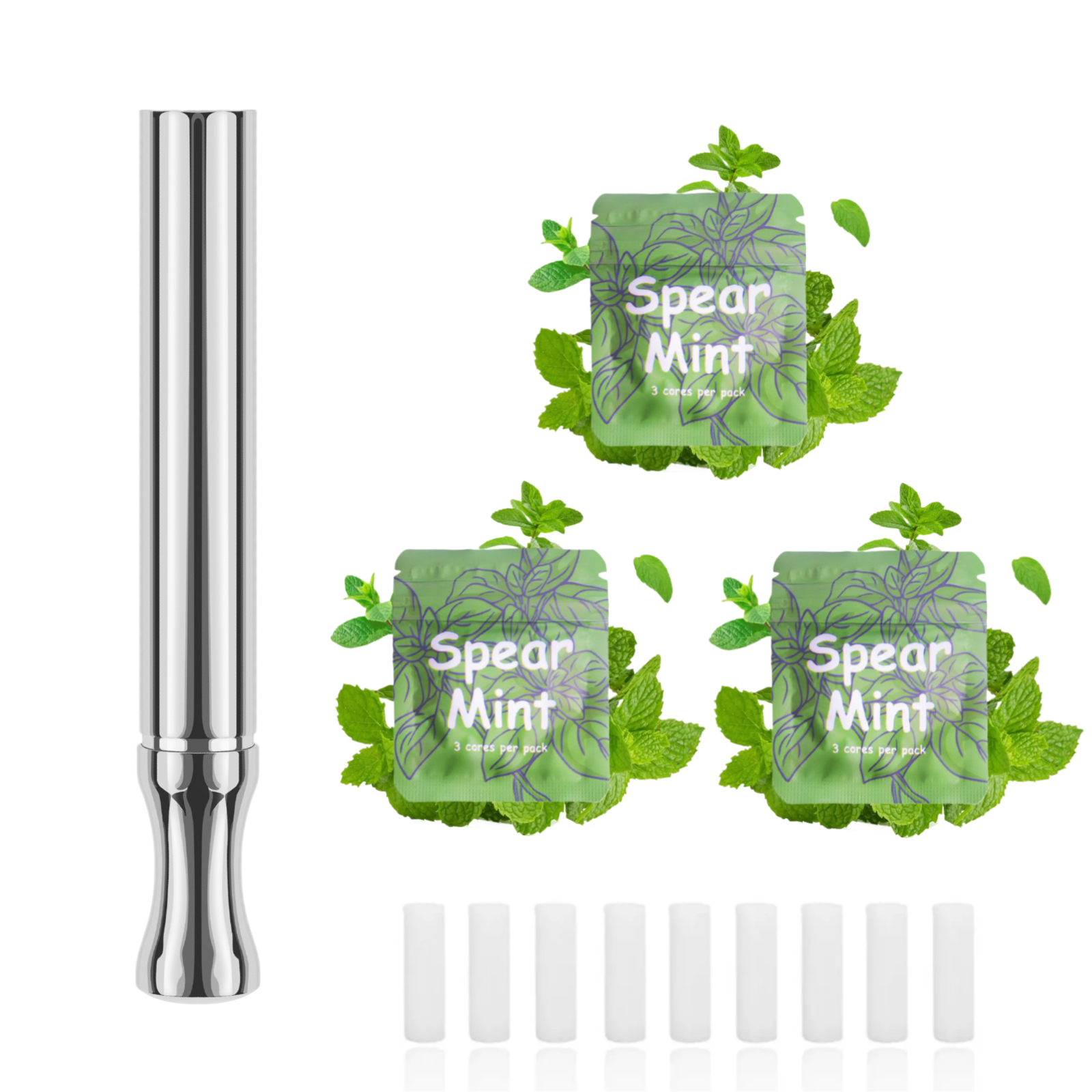 Puffow™ Glossy Silver Inhaler with Refill Cores