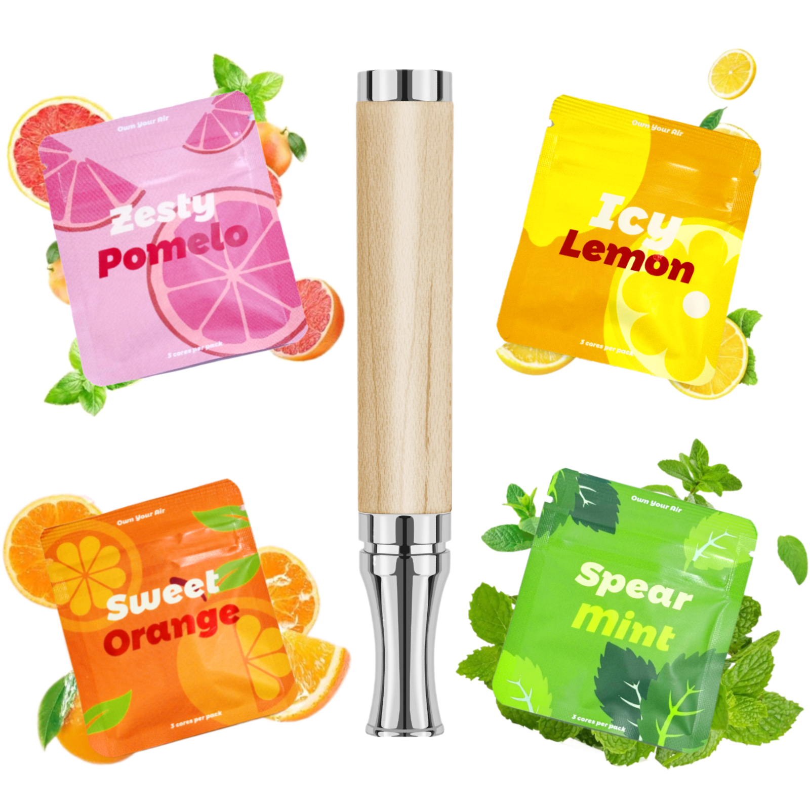Puffow™ Maple Wood & Glossy Silver Inhaler with Refill Cores