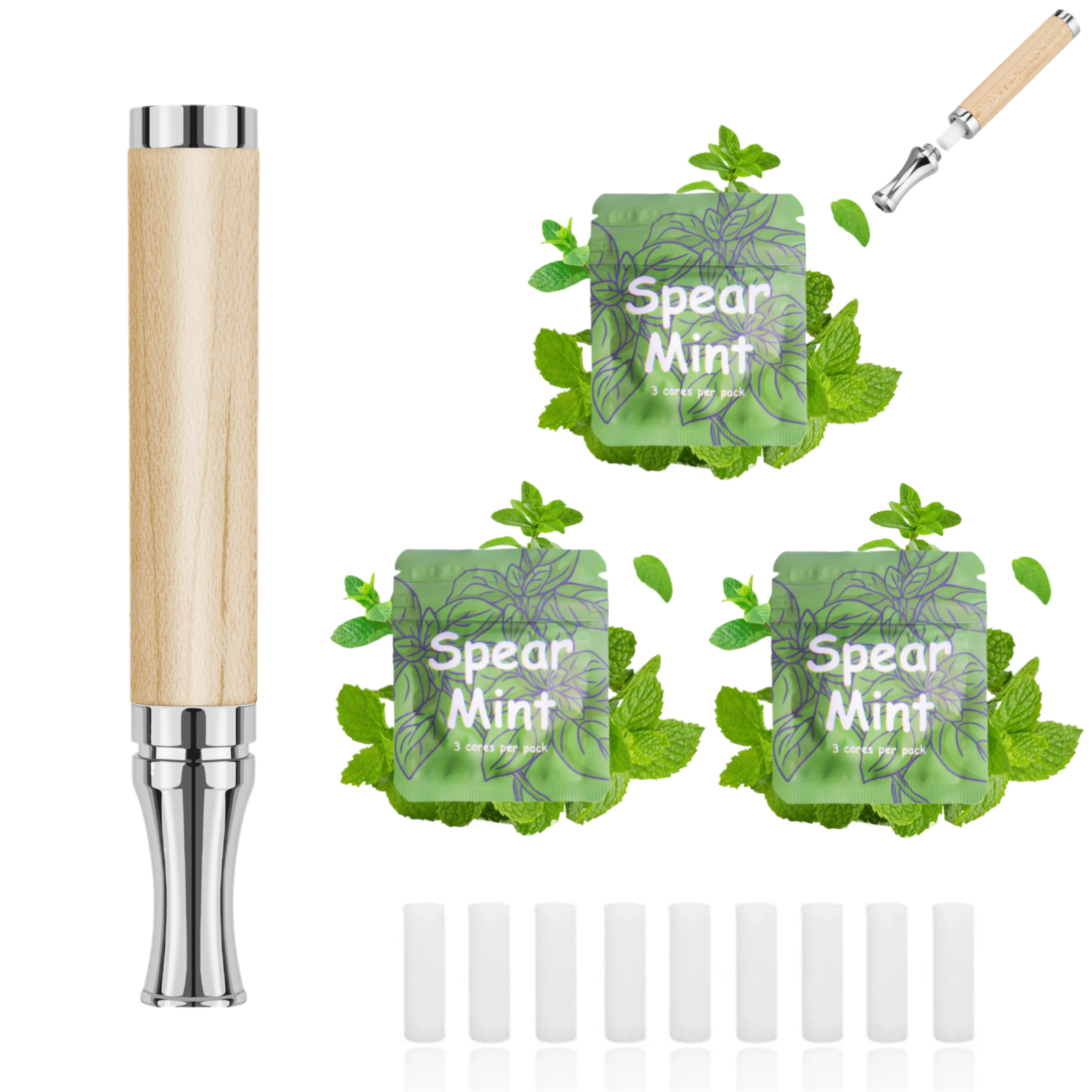 Puffow™ Maple Wood & Glossy Silver Inhaler with Refill Cores