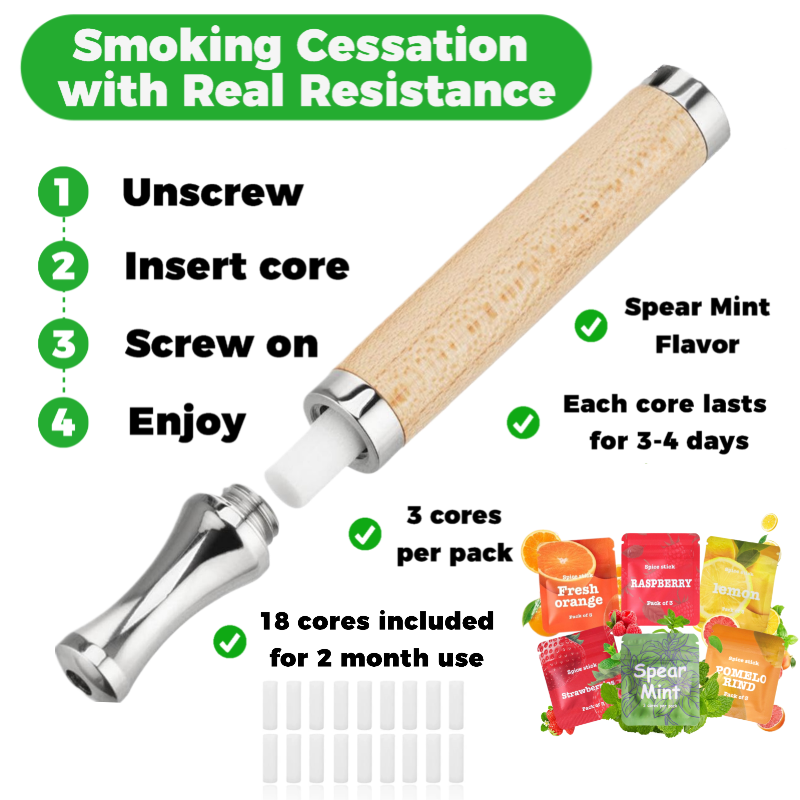 Puffow™ Maple Wood & Glossy Silver Inhaler with Refill Cores