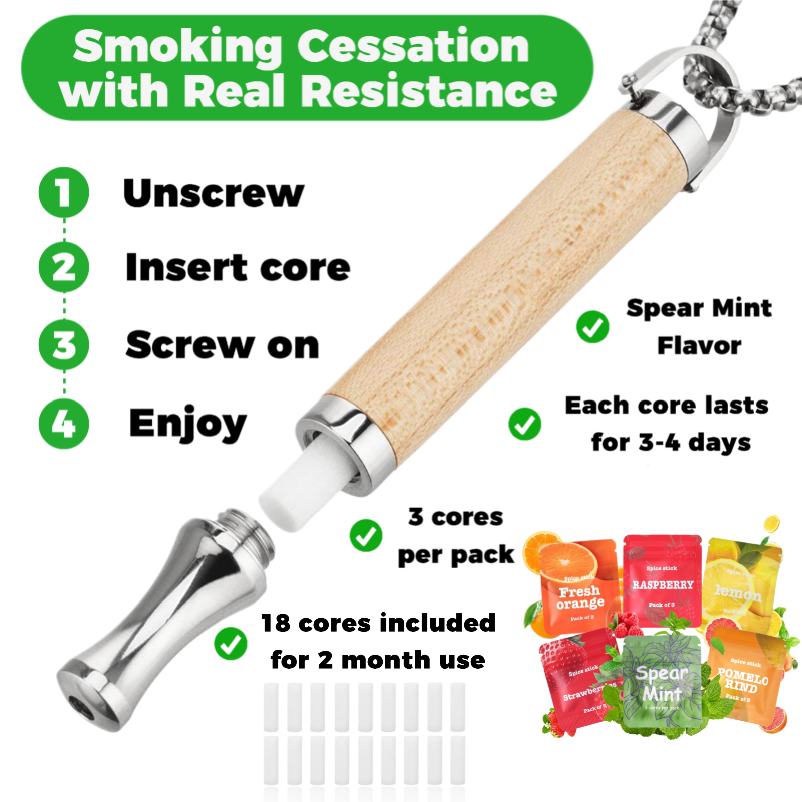 Puffow™ Maple Wood & Glossy Silver Necklace with Refill Cores