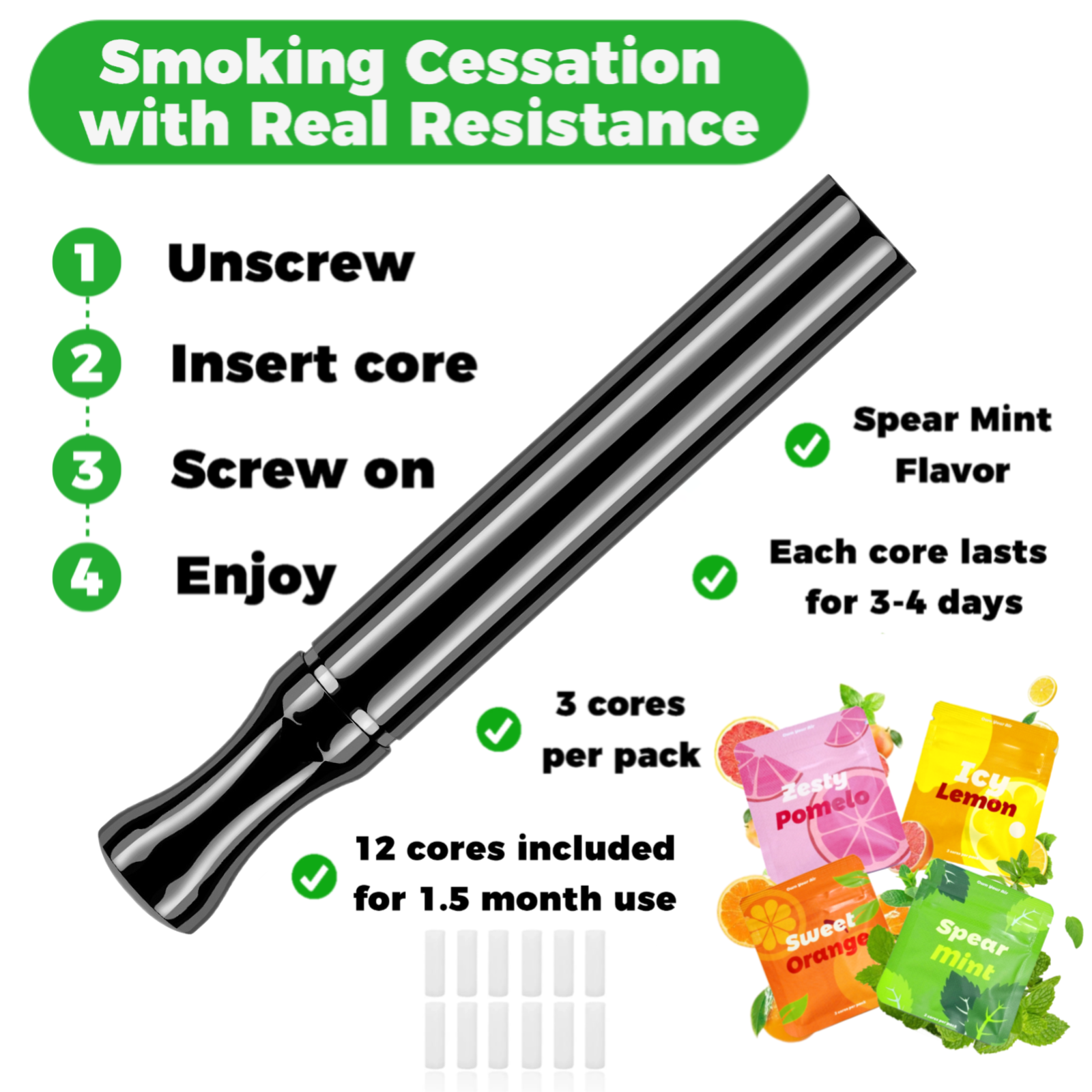 Puffow™ Glossy Black Inhaler with Refill Cores